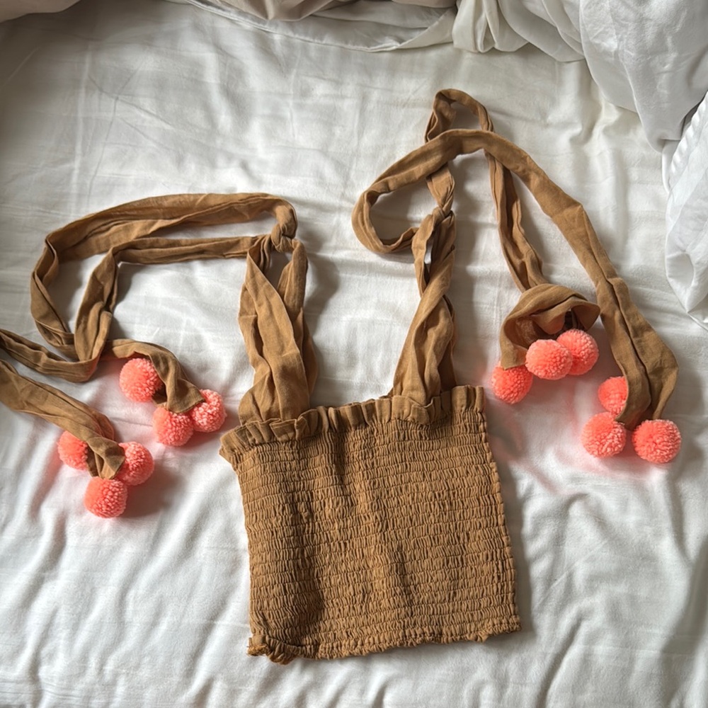 Brown Smocked Top with Pink Pom Poms
